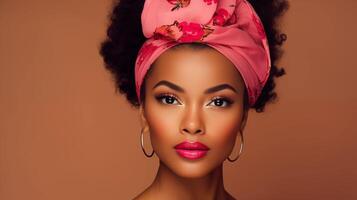 ai generado un hermosa joven afro americano mujer con un vibrante rosado venda y impecable, brillante piel, conjunto en contra un suave beige y rosado antecedentes foto