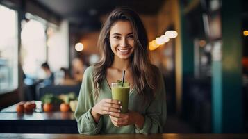 ai generado como un encantador niña con un infeccioso sonrisa disfruta un refrescante verde zalamero en un de moda cafetería, encarnando un sentido de relajación y rejuvenecimiento en el medio de urbano ajetreo y bullicio foto