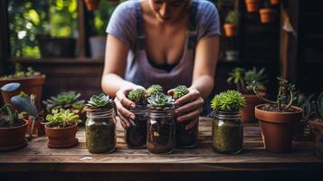 AI generated female hands adorned with garden soil, gently nurturing a variety of succulents nestled in rustic, repurposed mason jars photo