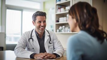 ai generado un sonriente masculino médico se sienta cómodamente detrás su escritorio en un brillantemente iluminado médico oficina, exudando calor y compasión foto