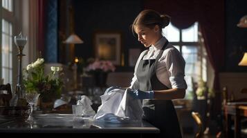 AI generated the scene of a lady in a maid uniform meticulously tidying up an elegant apartment, her gloved hands deftly polishing surfaces with precision, a sense of satisfaction evident in her work photo