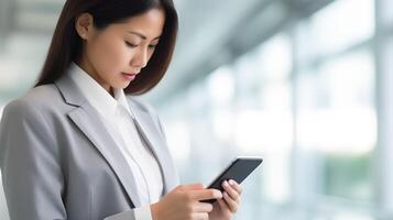 AI generated Asian businesswoman as she skillfully navigates her mobile smartphone her office setting. Engaged in online working activities photo