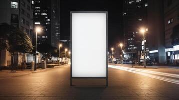 AI generated A mockup unveils a pristine white vertical advertising banner billboard stand standing tall on the quiet sidewalk at night, its blank canvas illuminated by the soft glow of streetlights photo