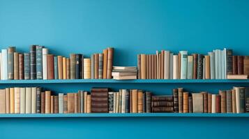 AI generated Visualize a cozy reading nook adorned with wooden shelves filled with books of various genres and sizes photo