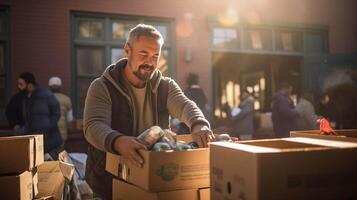 AI generated In the heart of a bustling community center, a mature man clad in a worn-out sweater sifts through boxes of donated food and water photo