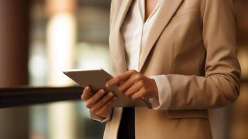 AI generated a sleek corporate environment, a close-up capture focuses on the hand of an Asian businesswoman, elegantly holding a mobile tablet while skillfully operating a digital tablet photo