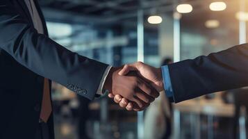 AI generated a bustling corporate setting, two businessmen clasp hands in a firm handshake, their expressions a blend of determination and trust photo