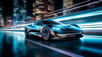 ai generado un futurista eléctrico vehículo velocidades abajo un luces de neón carretera, flanqueado por imponente rascacielos alcanzando dentro el noche cielo, el pulcro carros superficie reflejando el deslumbrante ciudad luces foto