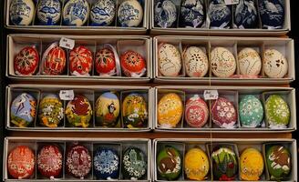 Beautiful colorful decor for Easter. Traditional Easter painted colorful eggs are sold at a market in Prague, Czech Republic. photo