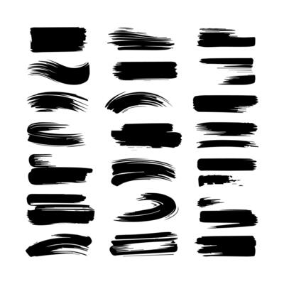 Set of black paint, ink brush strokes, brushes, lines, grungy. Dirty artistic design elements, boxes, frames. Vector illustration. Isolated on white background. Freehand drawing.