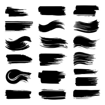 Set of black paint, ink brush strokes, brushes, lines, grungy. Dirty artistic design elements, boxes, frames. Vector illustration. Isolated on white background. Freehand drawing.