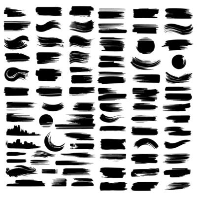 Set of black paint, ink brush strokes, brushes, lines, grungy. Dirty artistic design elements, boxes, frames. Vector illustration. Isolated on white background. Freehand drawing.