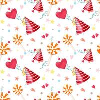 Seamless party background with hearts, candy and festive decorations. Repeating pattern for printing and decorating fabric, wallpaper, wrapping paper vector