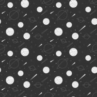 Seamless retro space black and white pattern with planets, stars, comets. Space theme cartoon doodle illustration. Vector graphics