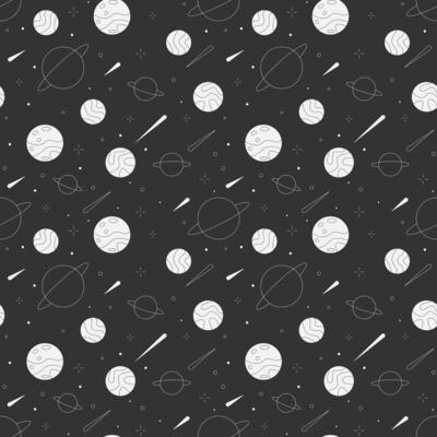 Seamless retro space black and white pattern with planets, stars, comets. Space theme cartoon doodle illustration. Vector graphics