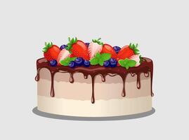 Cake covered with chocolate and decorated with strawberries and blueberries and mint leaves. Vector illustration of festive cake on white background.