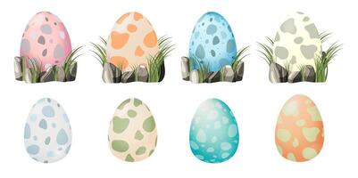 Dinosaur nest with eggs. Set of spotted reptile eggs. Nest of rocks and grass in cartoon style isolated on white background. Vector illustration