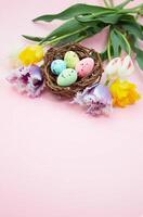 Multi-colored spotted eggs in nest with tulips on pink background. Easter. Vertical. Copy space photo