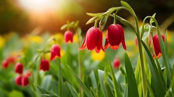 AI generated Beautiful bell flowers in sunrise garden, nature banner website photo
