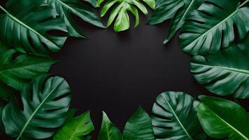 AI generated Tropical leaves foliage jungle plant bush against black background, framed photo