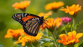 AI generated Macro artistic image of monarch butterfly with bright summer flowers photo