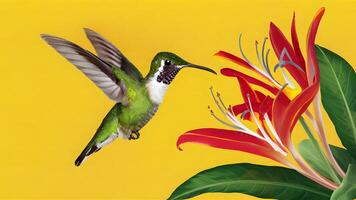 AI generated Hummingbird flying over yellow background, tropical flower archilochus colubris photo