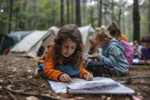 AI generated children painting in the middle of the forest. generative ai photo