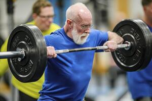 AI generated older man training powerlifting. generative ai photo