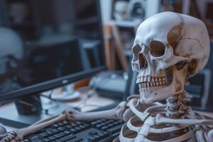 AI generated Human Skeleton Sitting at Desk with Computer, Metaphorical Depiction of Overwork and Burnout photo