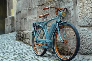 AI generated electric bicycle parked in an alley. generative ai photo