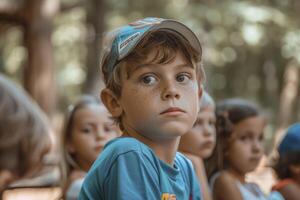 ai generado niños a un verano acampar en naturaleza. generativo ai foto