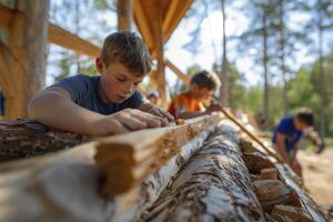 ai generado niños haciendo un cabina a verano acampar. generativo ai foto