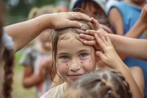 AI generated children at a summer camp in nature. generative ai photo