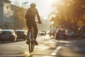 AI generated riding a bicycle along a street. generative ai photo