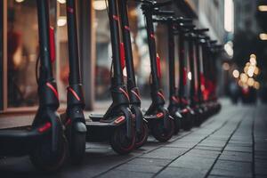 AI generated row of electric scooters lined up. generative ai photo