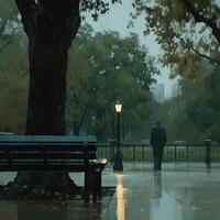 AI generated Rainy day stroll A distant figure approaching a Central Park bench For Social Media Post Size photo