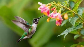 AI generated Hummingbird hovers gracefully under a butterfly bush with flowers photo