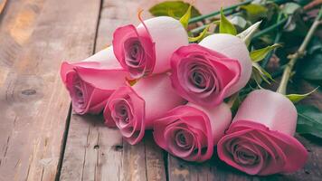 AI generated Pink roses over wooden table, ideal for Valentines Day photo