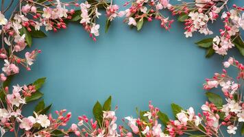 AI generated Art spring border background adorned with delicate pink blossom photo