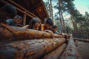 ai generado niños haciendo un cabina a verano acampar. generativo ai foto