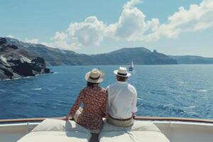 ai generado Pareja en amor en el cubierta de un lujo crucero barco. generativo ai foto