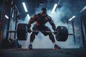 AI generated man doing weightlifting in gymnasium. generative ai photo