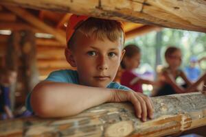 AI generated children making a cabin at summer camp. generative ai photo