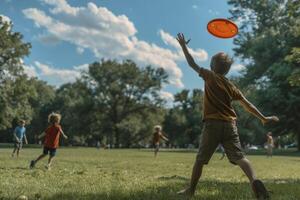 ai generado niños jugando al aire libre. generativo ai foto