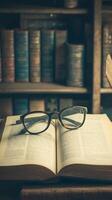 AI generated Vintage study vibes Close up of open book with eyeglasses Vertical Mobile Wallpaper photo