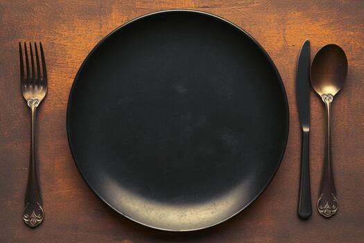 ai generado comida arreglo vacío negro plato con cuchara y tenedor, parte superior ver foto