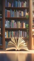 AI generated Literary haven Aisle of bookshelves with stacks of literature books Vertical Mobile Wallpaper photo