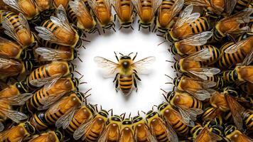 AI generated Isolated golden honeybees with group of honeybees on white photo