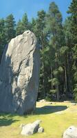 AI generated Solid gray boulder contrasts against green trees in a natural setting Vertical Mobile Wallpaper photo