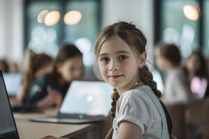 ai generado niños con laptops a vástago acampar. generativo ai foto